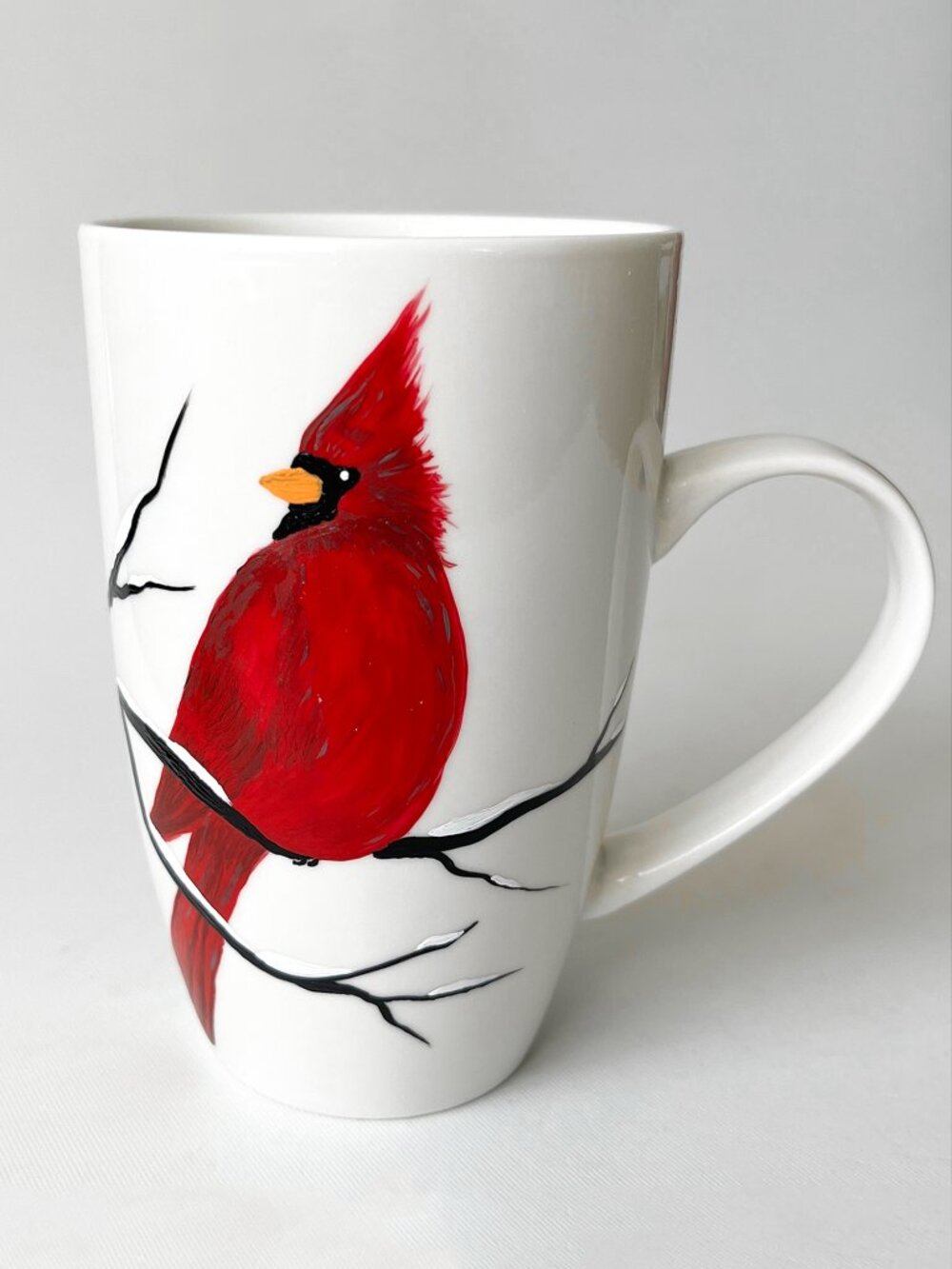 Original Hand Painted Cardinal Bird Ceramic Mug Signed One of a Kind Bird Art